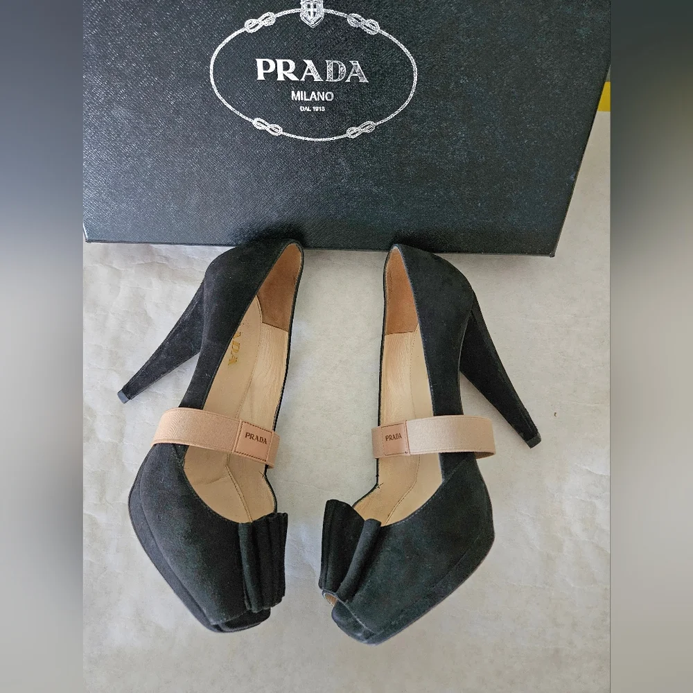 Prada Heels Black Suede Sculpted Heel Box Dust Bags - Picture 2 of 7